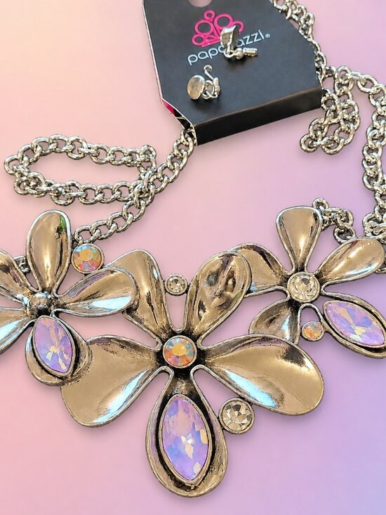 paparazzi Jewelry - Twirling Triad Pink Necklace Silver Floral Statement Jewelry w/ Opalescent Gems